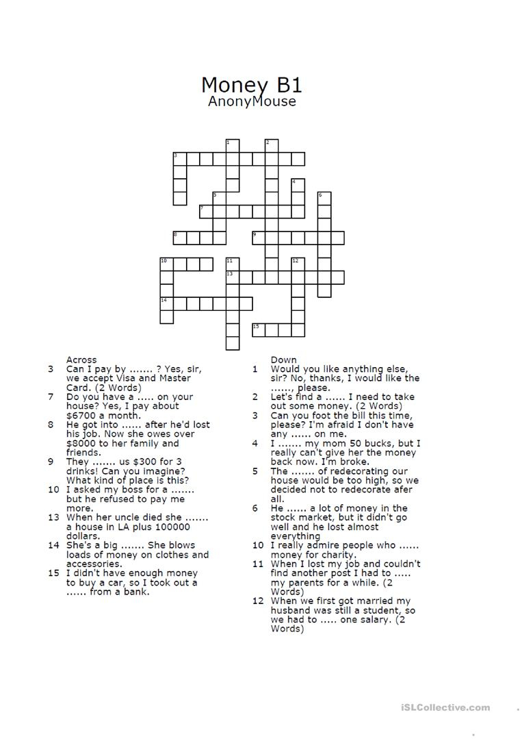 Money Crossword Puzzle Worksheet - Free Esl Printable Worksheets - Printable Crossword Puzzle Money