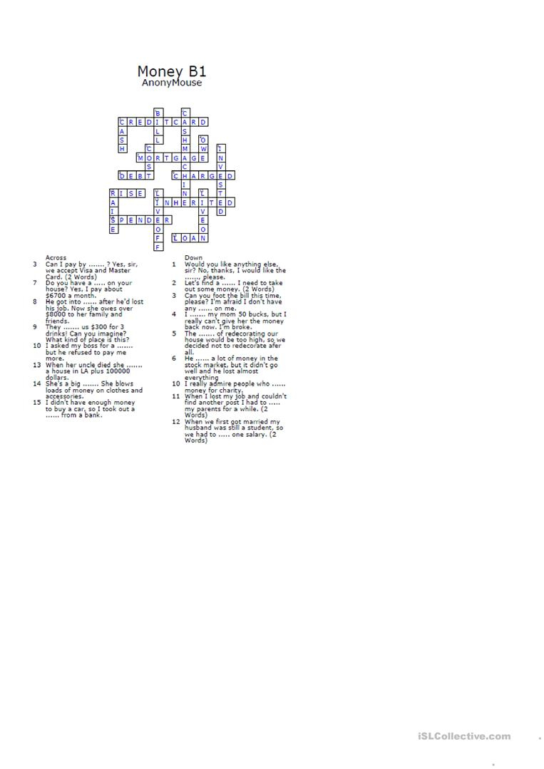 Money Crossword Puzzle Worksheet - Free Esl Printable Worksheets - Printable Money Crossword Puzzle