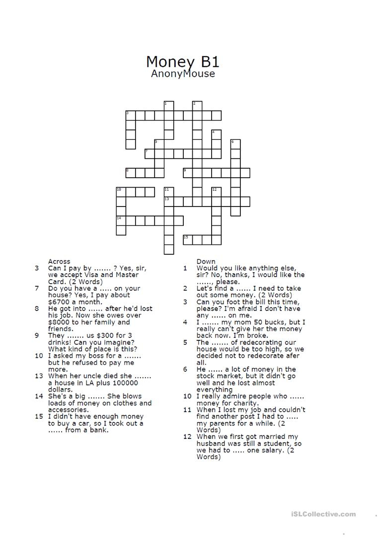 Money Crossword Puzzle Worksheet - Free Esl Printable Worksheets - Printable Money Crossword Puzzle