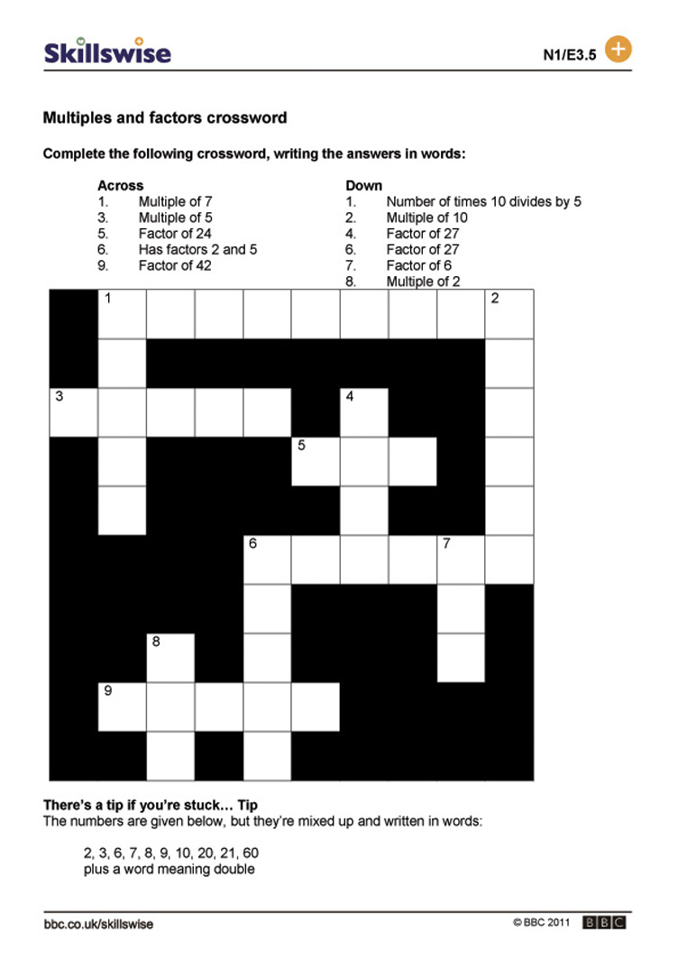 Multiples And Factors Crossword - Printable Math Crossword Puzzles For Middle School
