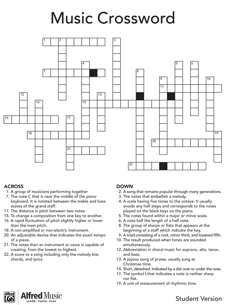 Music Crossword Puzzle Activity - Printable Crossword #5
