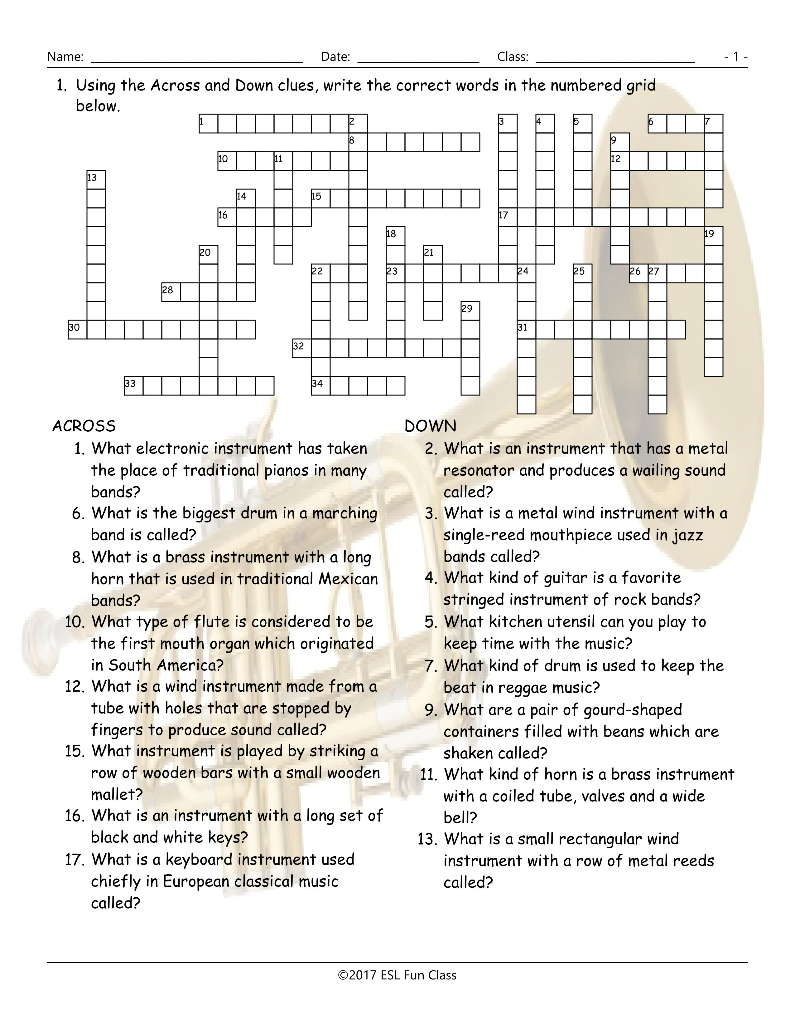 Musical Instruments Crossword Puzzle Worksheet-Esl Fun Games-Have Fun! - Printable Esl Crossword Puzzles