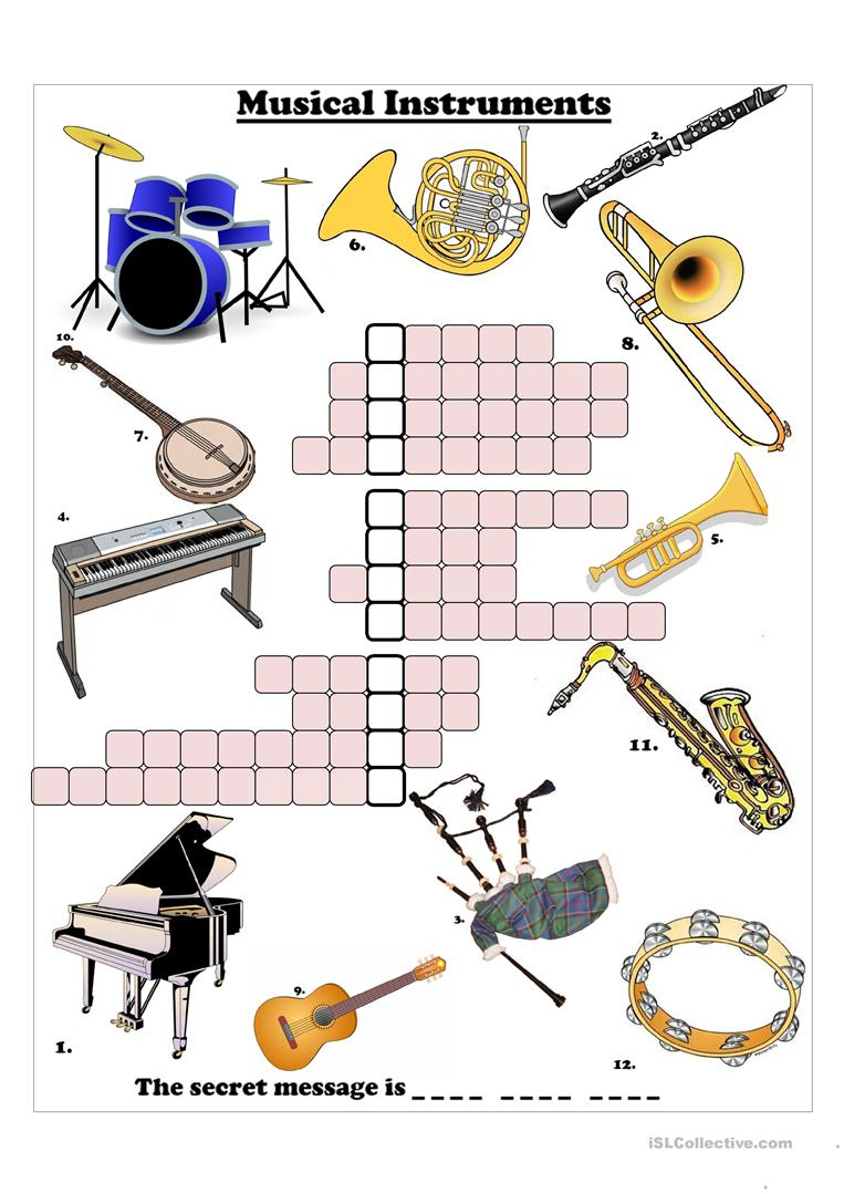 Musical Instruments Crossword Worksheet - Free Esl Printable - Printable Crosswords Music