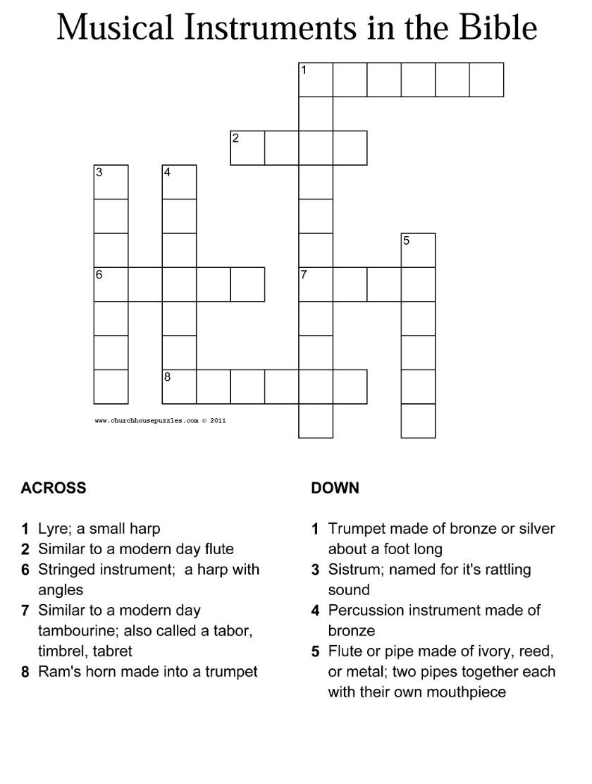 Musical Instruments In The Bible Crossword With Answer Sheet - Printable Bible Crossword Puzzles For Youth
