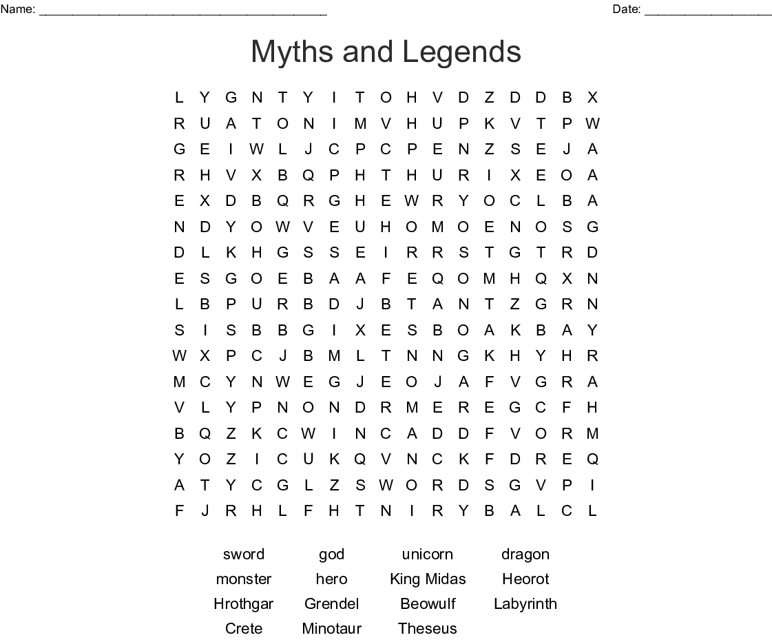 Myths And Legends Word Search - Wordmint - Printable Beowulf Crossword Puzzle