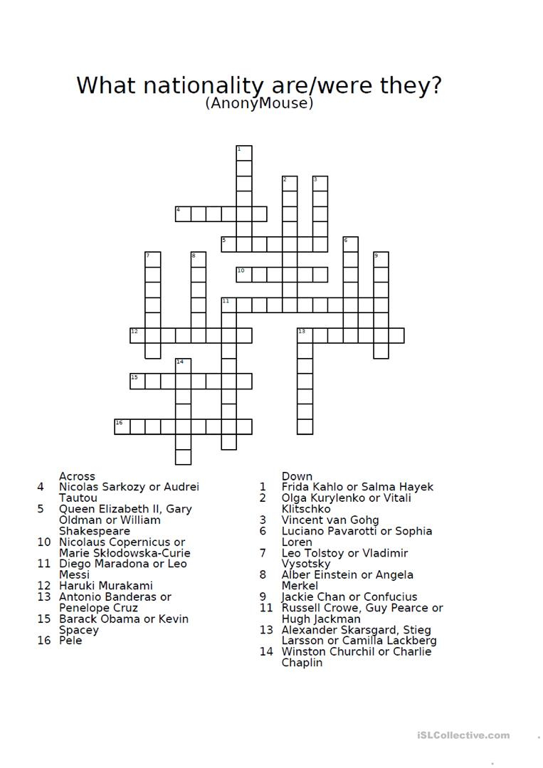 Nationalities Crossword Puzzle Worksheet - Free Esl Printable - Crossword Puzzles For Esl Students Printable