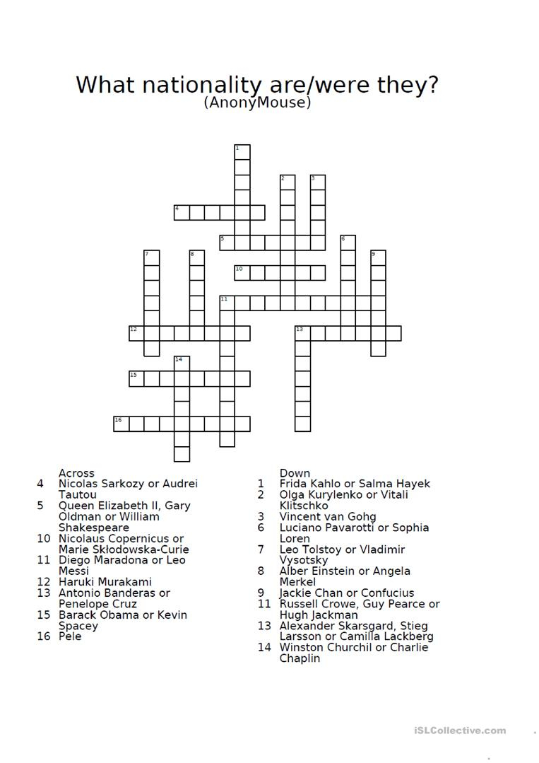 Crossword Puzzles For Esl Students Printable Printable Crossword Puzzles