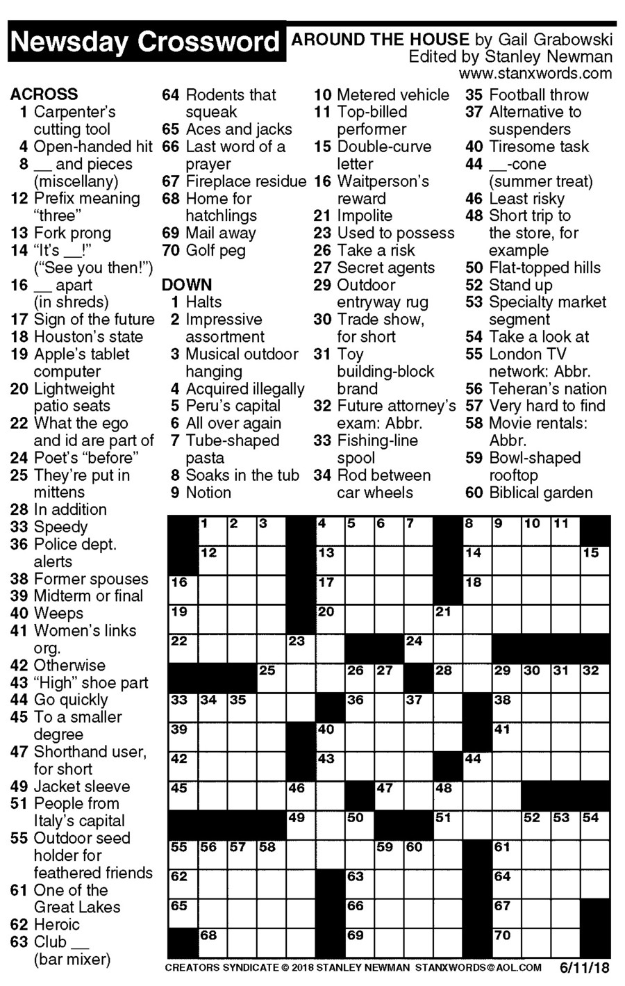 Newsday Crossword Puzzle For Jun 11, 2018,stanley Newman - Printable Crossword Puzzles Newsday
