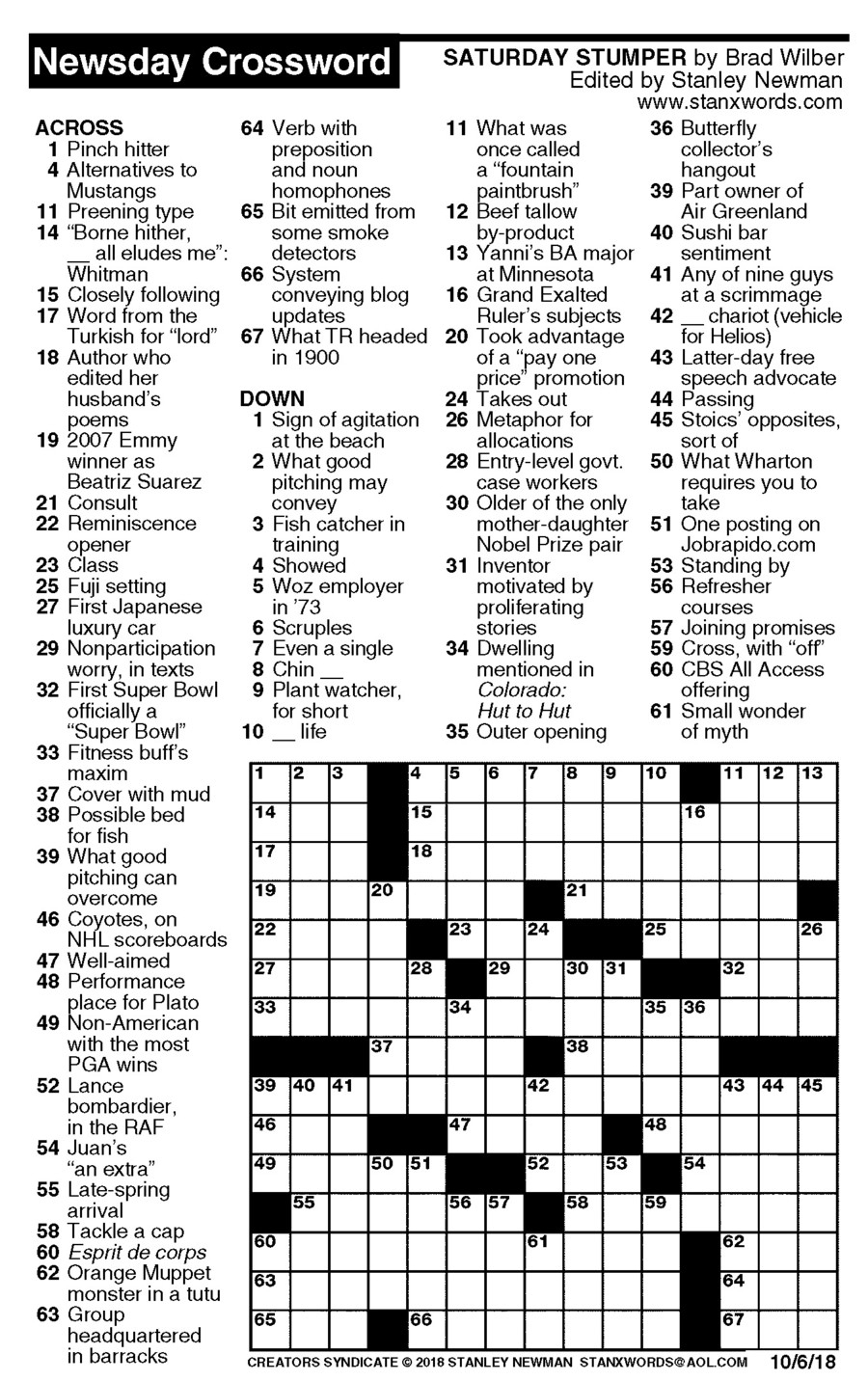 Newsday Crossword Puzzle For Oct 06, 2018,stanley Newman - Printable Crossword Puzzle 2018