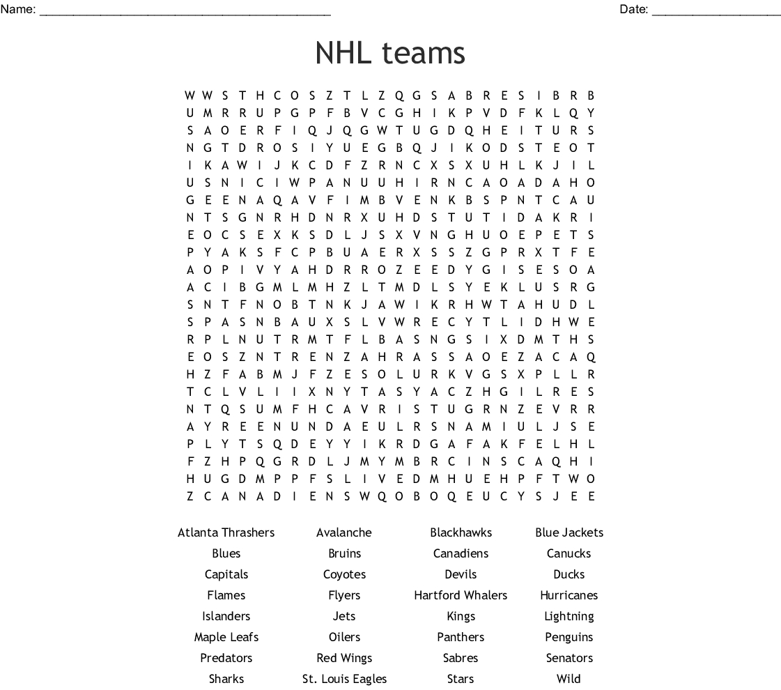 Nhl Teams Word Search - Wordmint - Printable Hockey Crossword