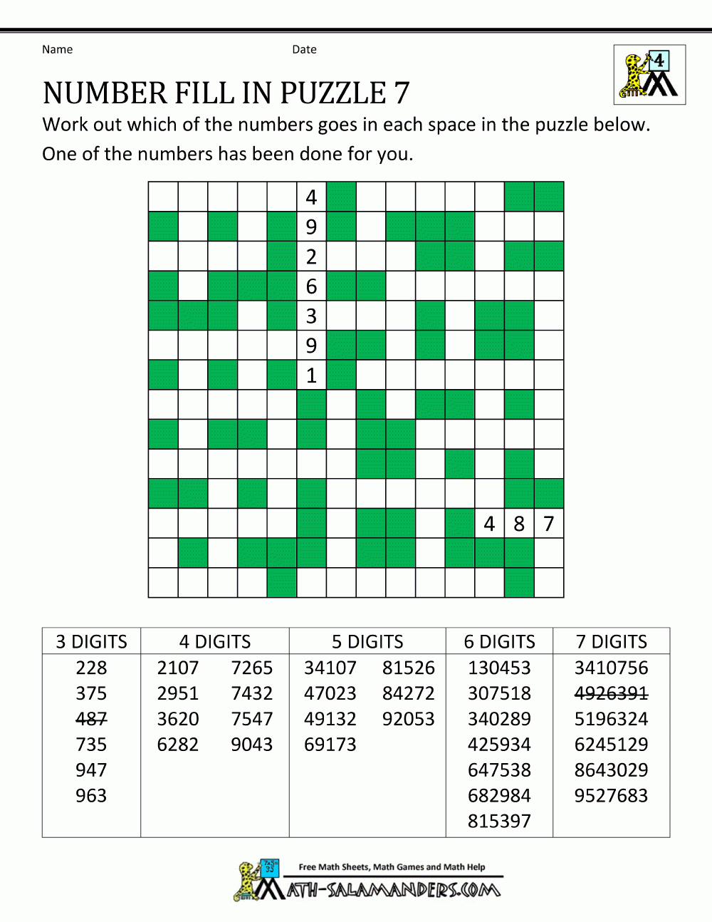 Number Fill In Puzzles - Free Printable Crossword Puzzle #3