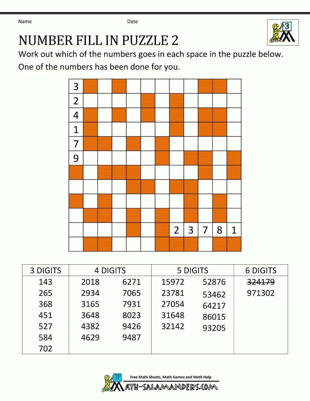 Number Fill In Puzzles - Printable Fill In Puzzle