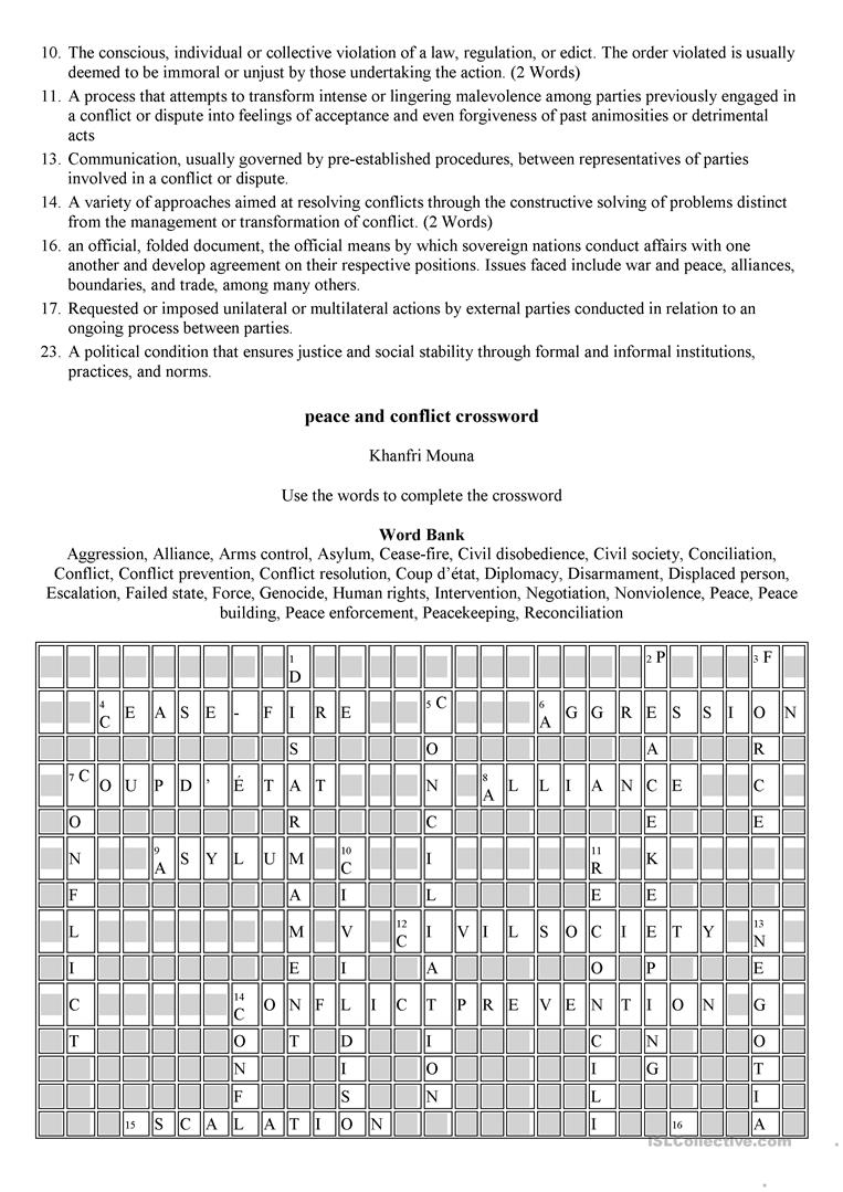 Peace And Conflict Crossword Worksheet - Free Esl Printable - Printable Conflict Resolution Crossword Puzzle