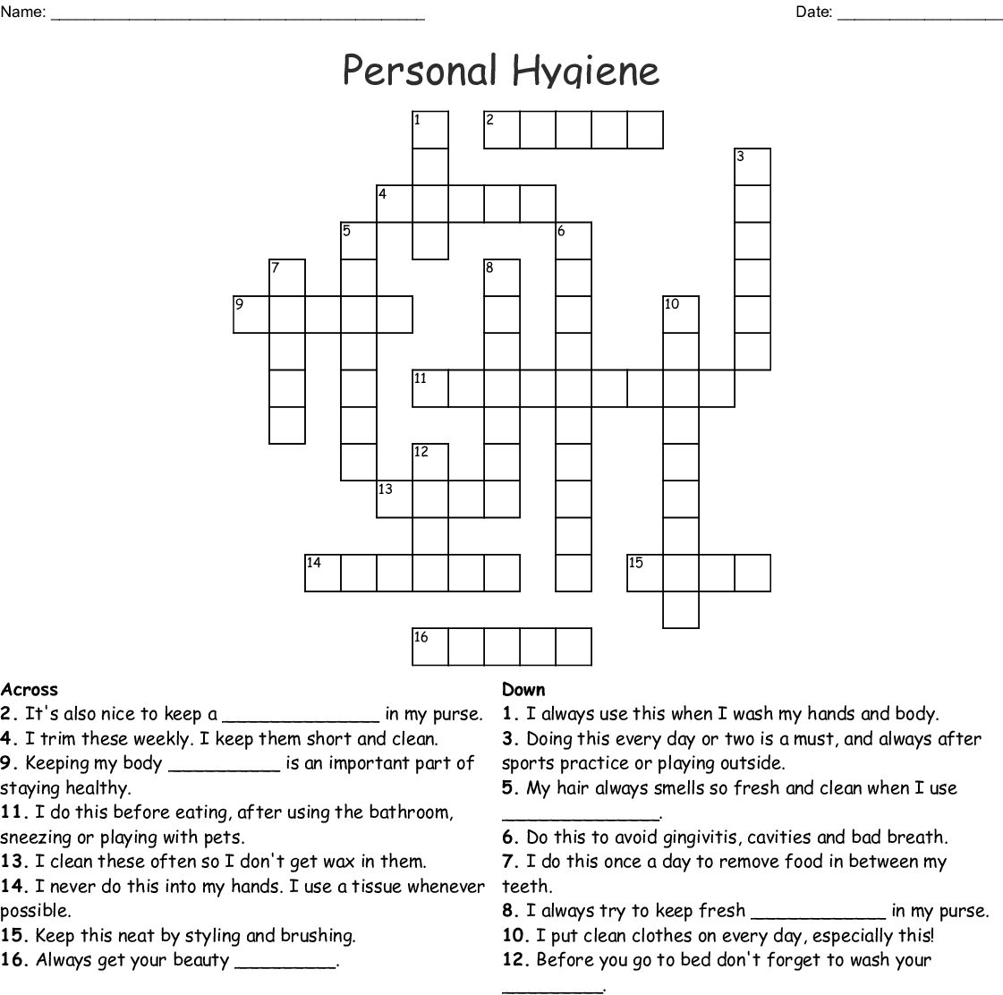 Personal Hygiene Crossword - Wordmint - Printable Personal Hygiene Crossword Puzzle