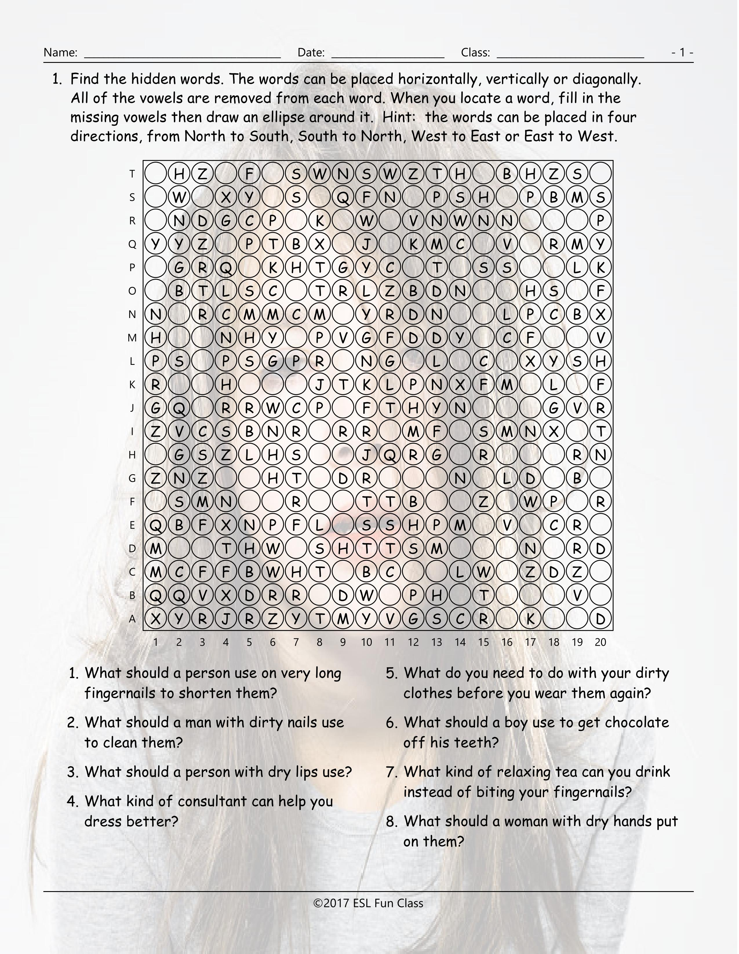 Printable Missing Vowel Word Search