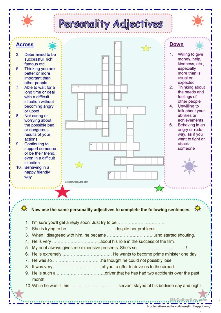 Personality Adjectives Worksheet - Free Esl Printable Worksheets - Printable Character Traits Crossword Puzzle