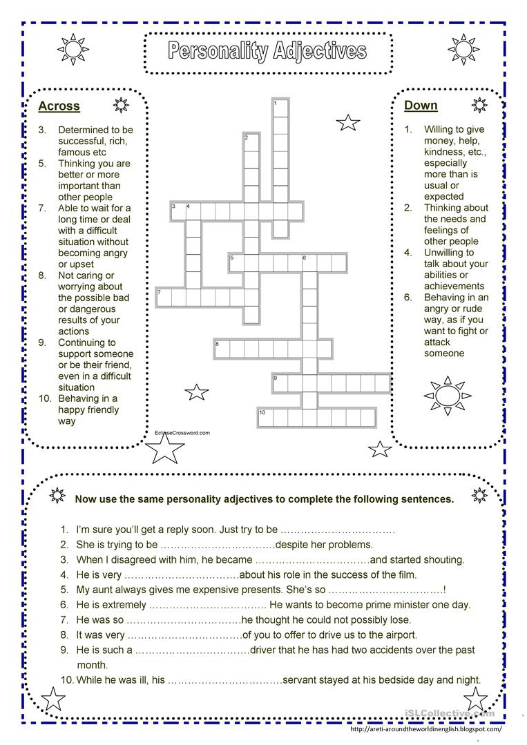 Personality Adjectives Worksheet - Free Esl Printable Worksheets - Printable Character Traits Crossword Puzzle