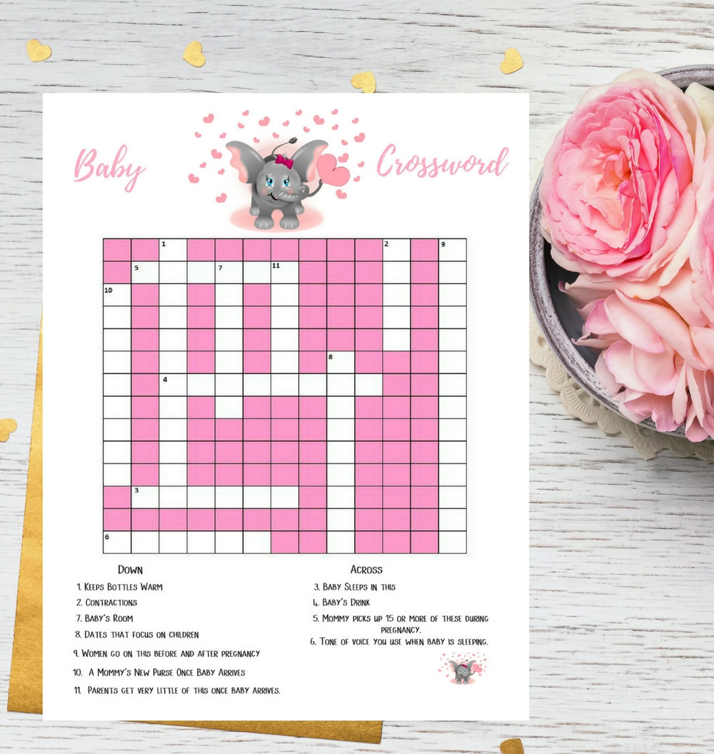Pink Elephant Baby Shower Crossword Puzzle Printable Game | Etsy - Printable Baby Shower Crossword Puzzle Game