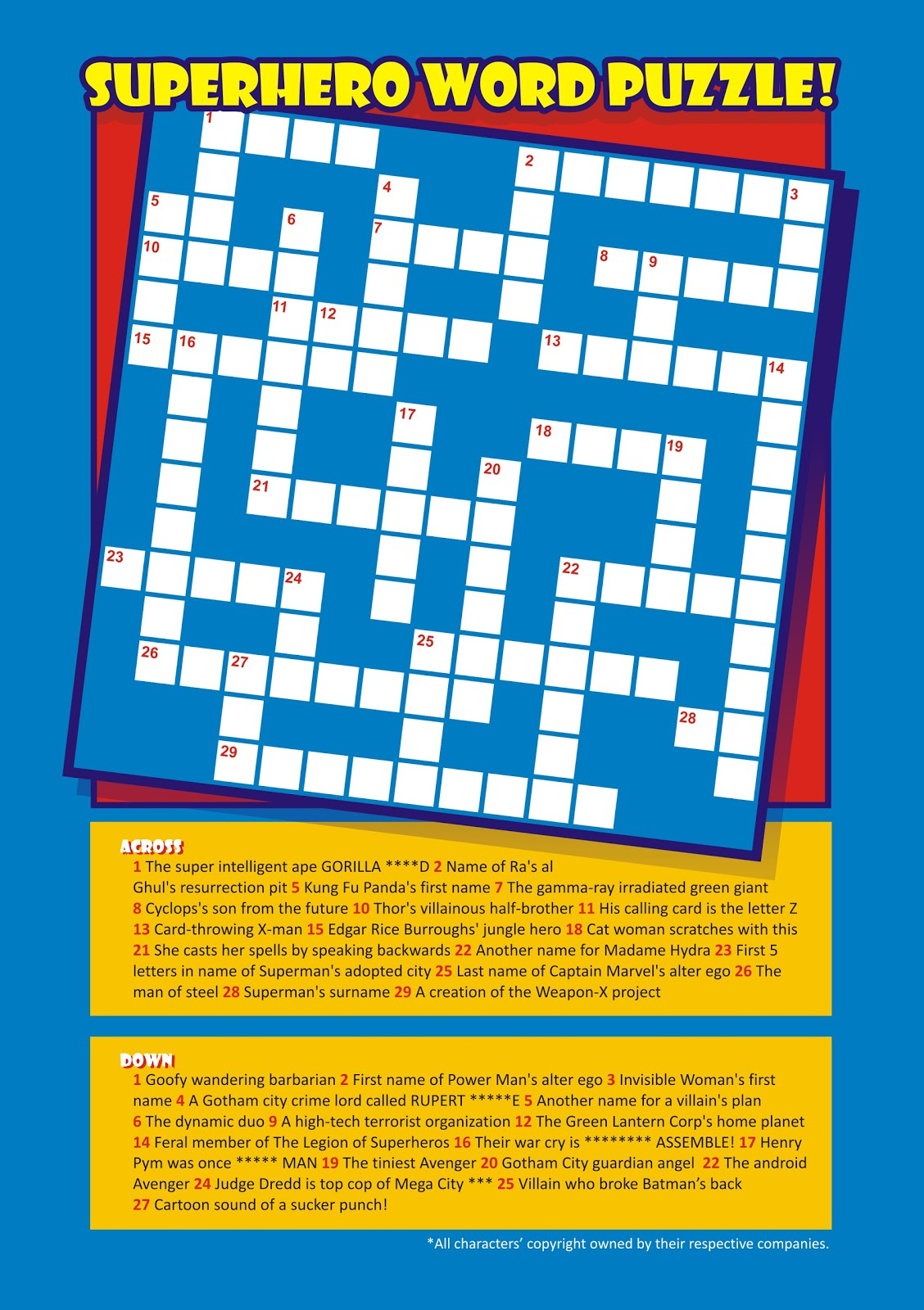 Printable Superhero Crossword Puzzle Printable Crossword Puzzles