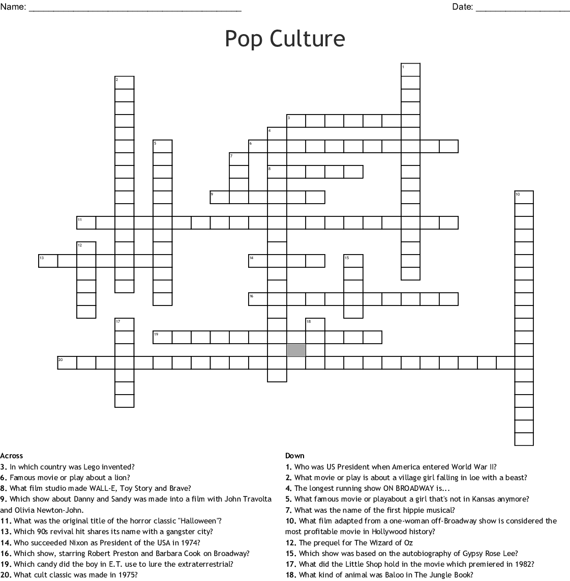 Pop Culture Crossword - Wordmint - Pop Culture Crossword Puzzles Printable