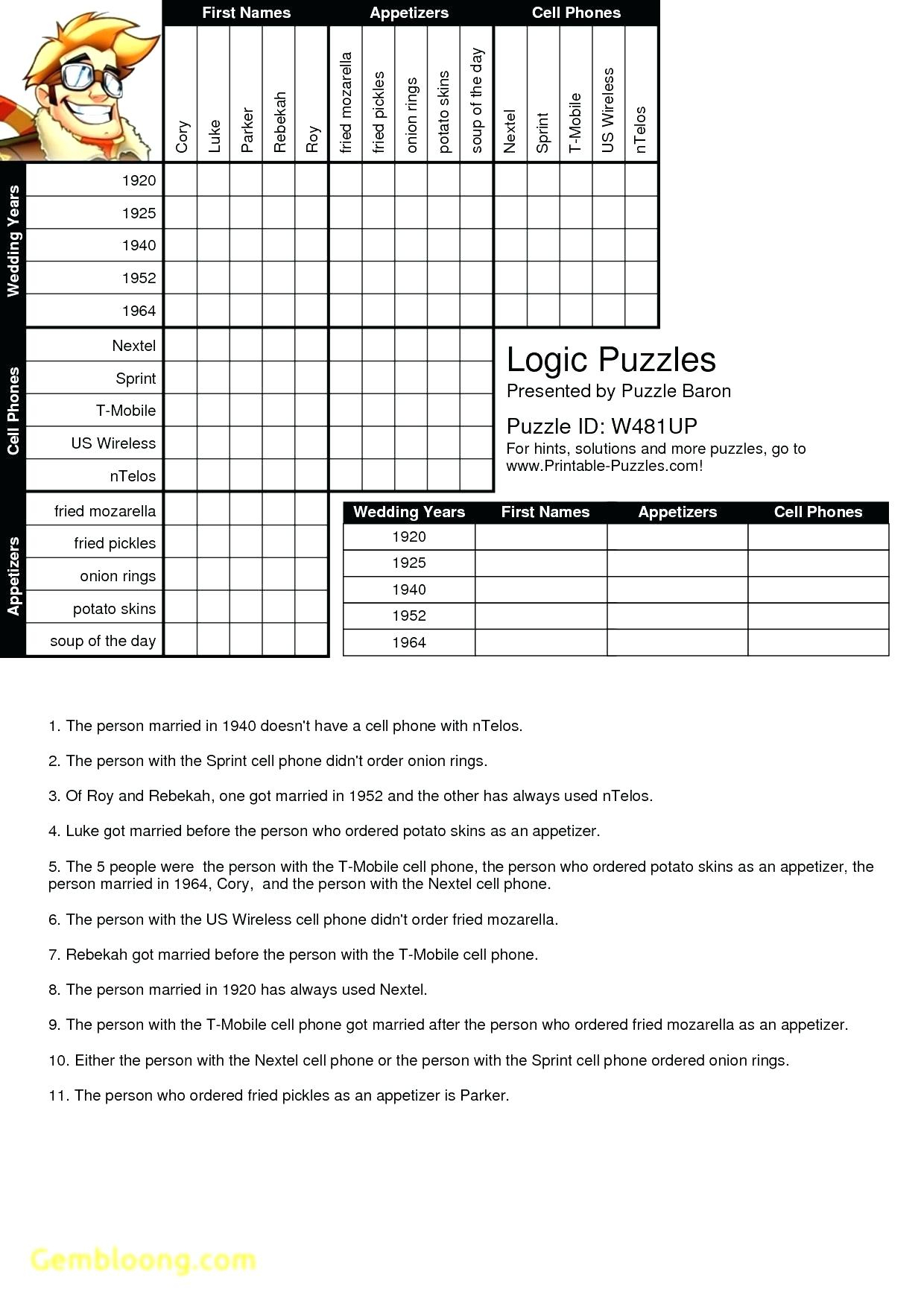 logic puzzles worksheets logic grid puzzles printable new logic