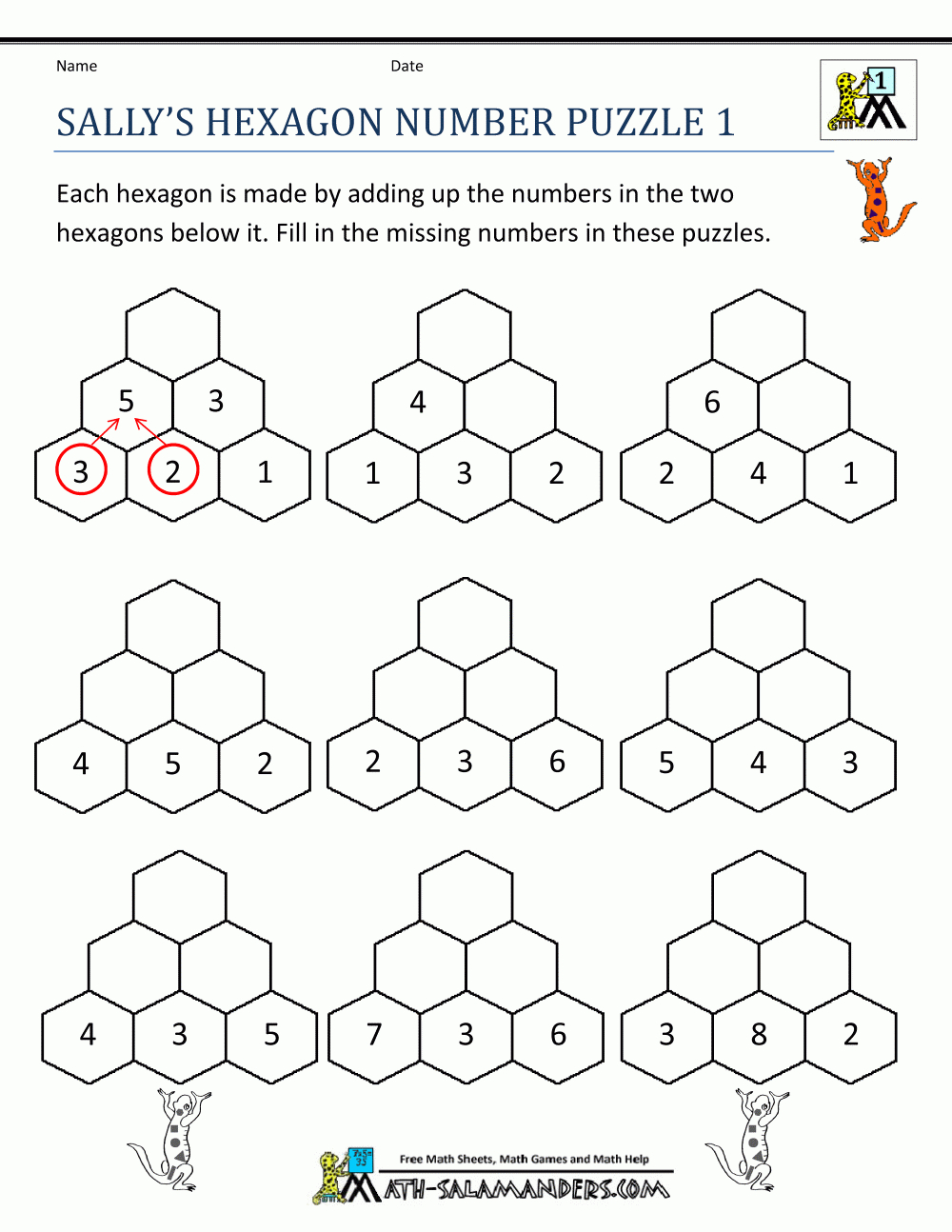 Printable-Math-Puzzles-Sallys-Hexagon-Number-Puzzle-1.gif (1000×1294 - Printable Puzzle Worksheets For Grade 1