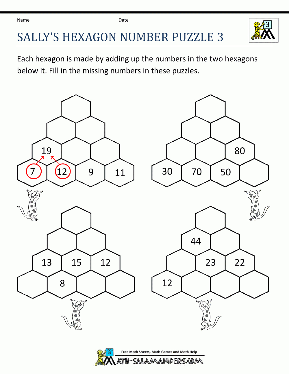 Printable Math Puzzles Sallys Hexagon Number Puzzle 3 | Matika - Printable Math Puzzle