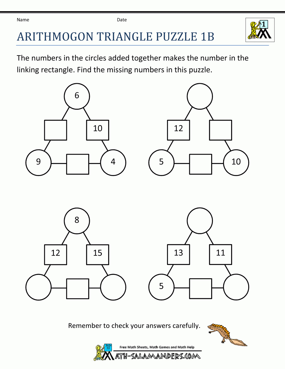 Printable Number Puzzles Arithmogon Triangle Puzzle 1B - Printable Puzzles For Grade 1