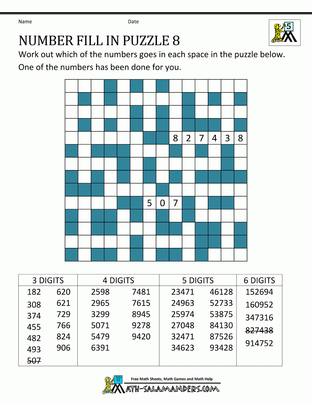 Printable Number Puzzles Number Fill In Puzzle 8 Math Mathe