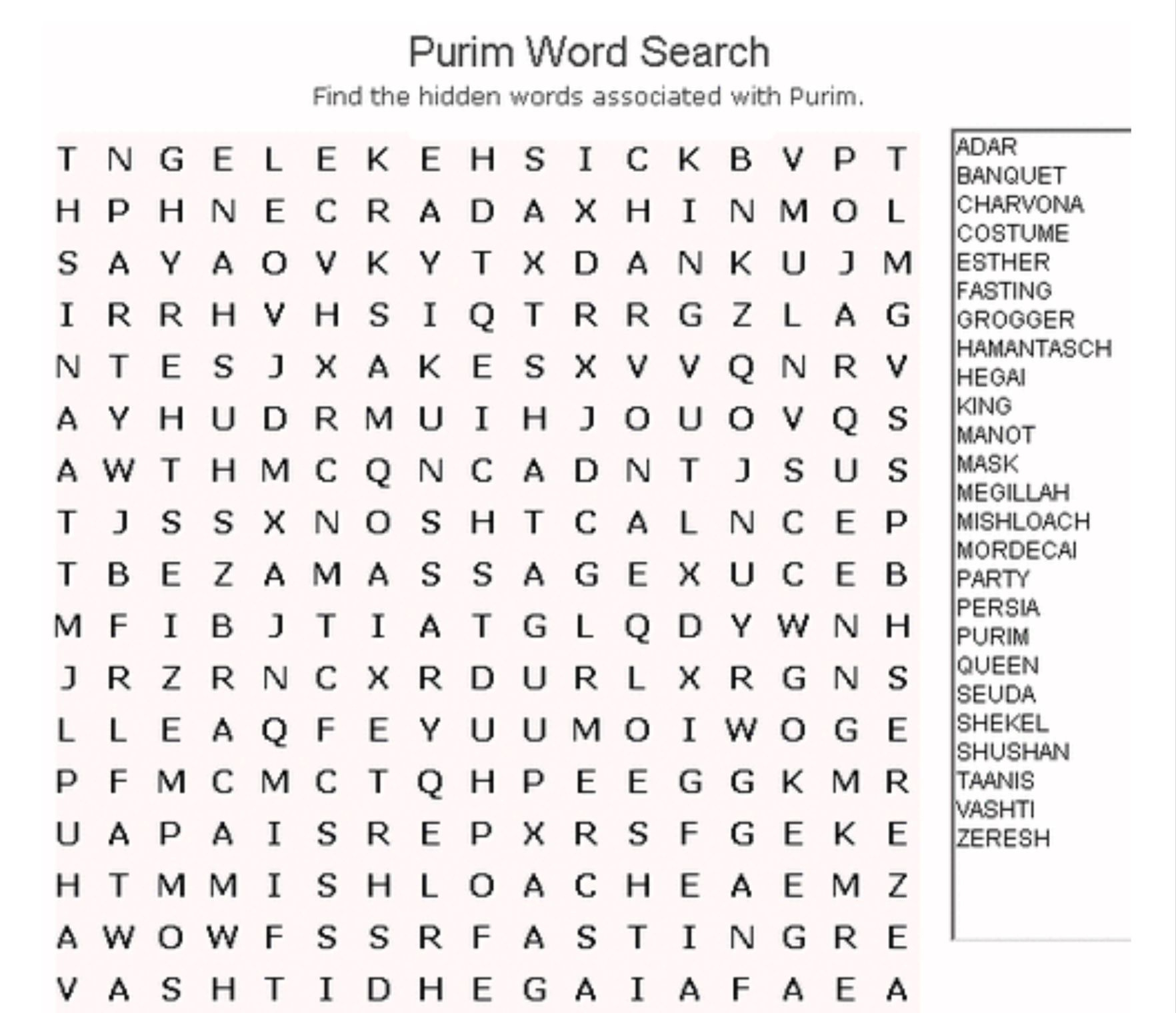 Purim Word Search | Kitah Dalet | Free Word Search Puzzles, Word - Free Printable General Knowledge Crossword Puzzles