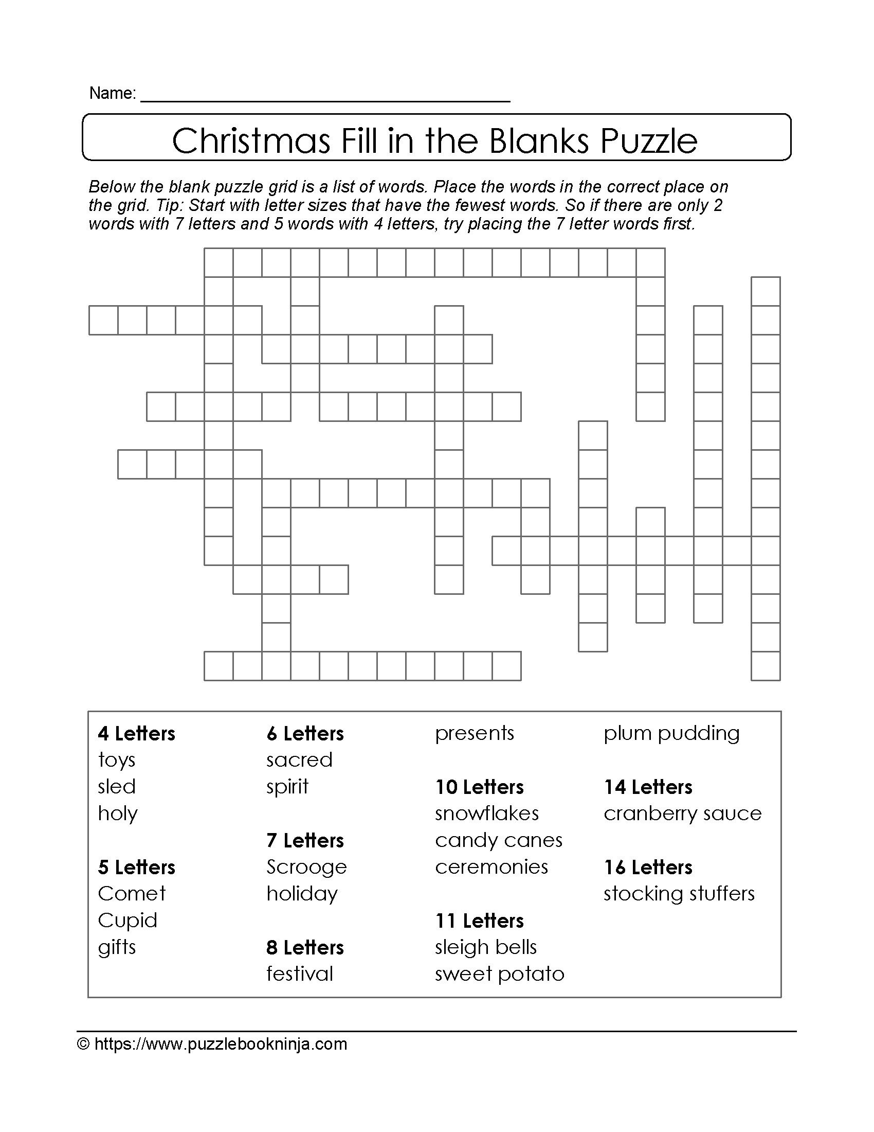 Puzzles To Print. Free Xmas Theme Fill In The Blanks Puzzle - Printable Holiday Crossword Puzzles For Adults With Answers