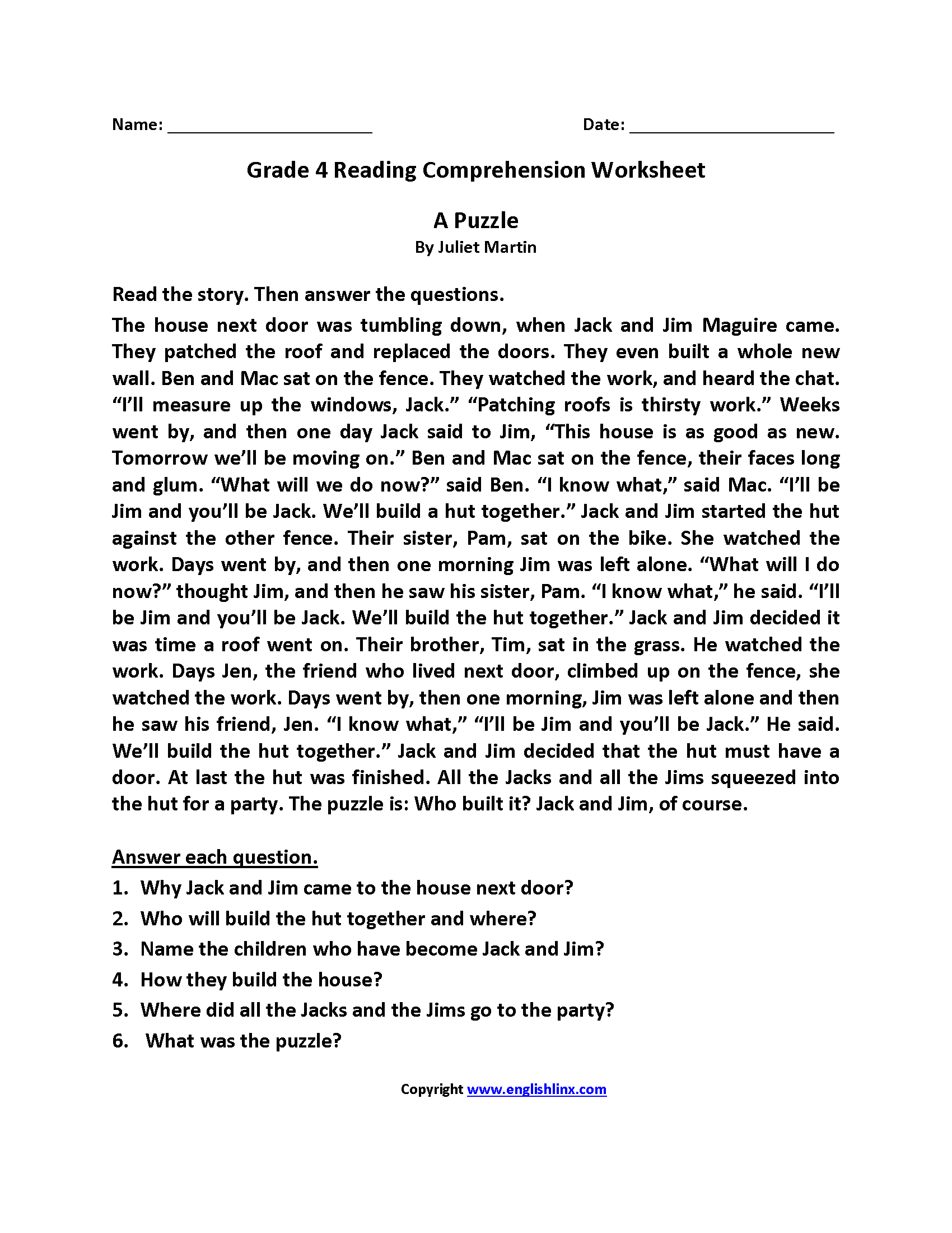 Reading Worksheets | Fourth Grade Reading Worksheets - Reading Printable Puzzle