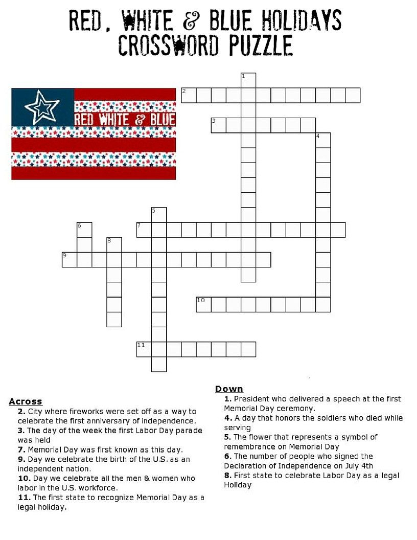 Red, White And Blue Holidays Crossword Puzzle | * Printables - Memorial Day Crossword Puzzle Printable