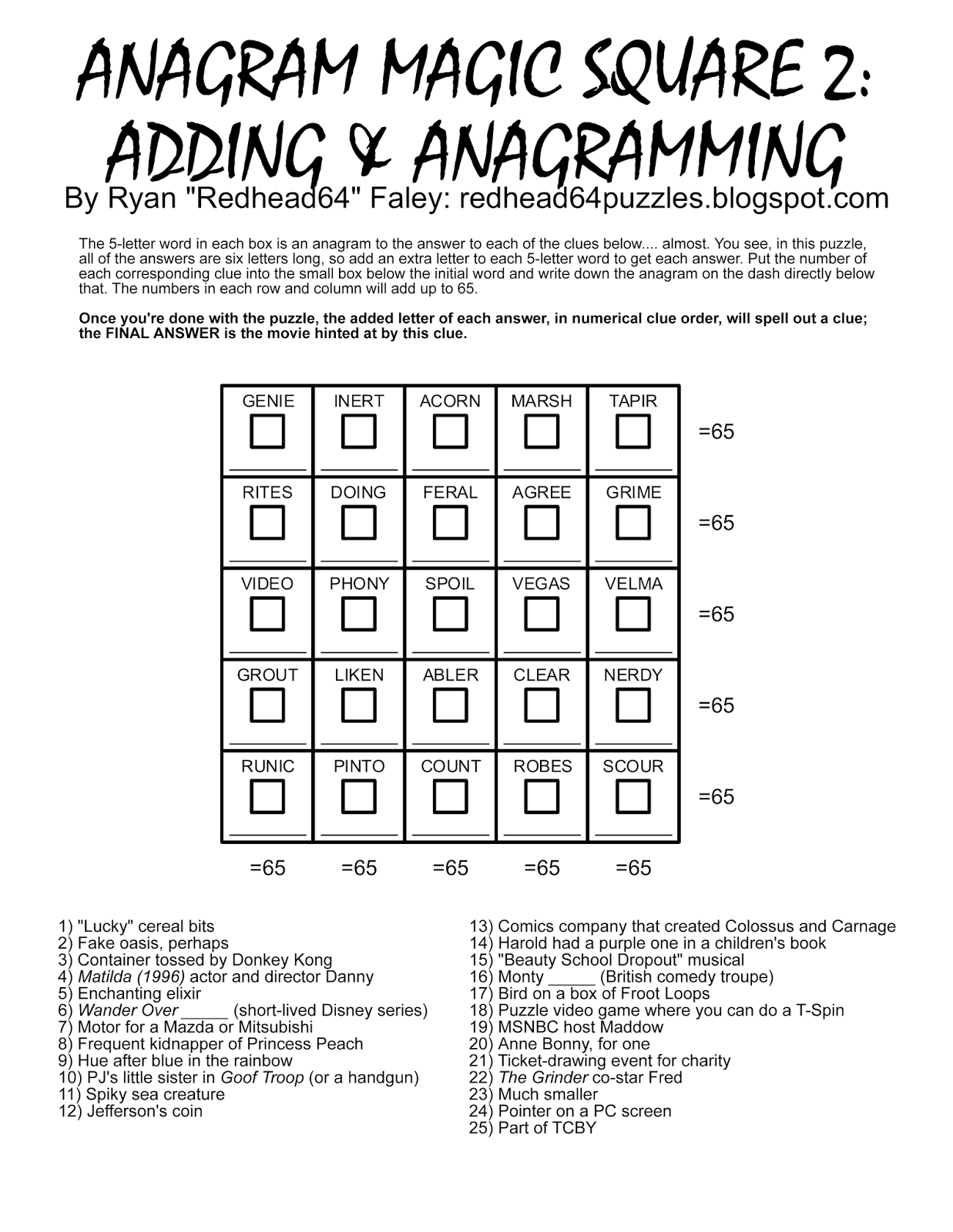 Redhead64&amp;#039;s Obscure Puzzle Blog!: Puzzle #93: Anagram Magic Square 2 - Printable Anagram Puzzles