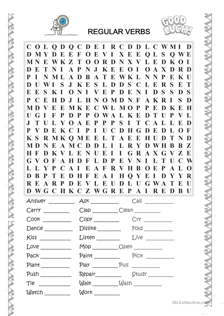 Regular Verbs Wordsearch (Past Tense Form) Worksheet - Free Esl - Printable Word Search Puzzles Verbs