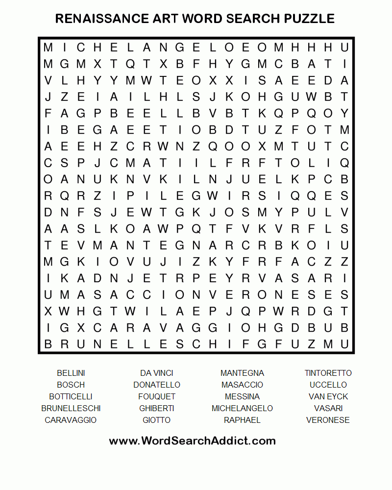 Renaissance Art Printable Word Search Puzzle - Printable Art Puzzles