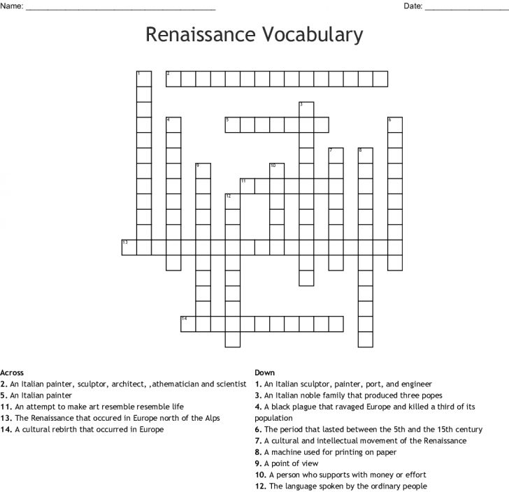 Renaissance Crossword Puzzle Printable