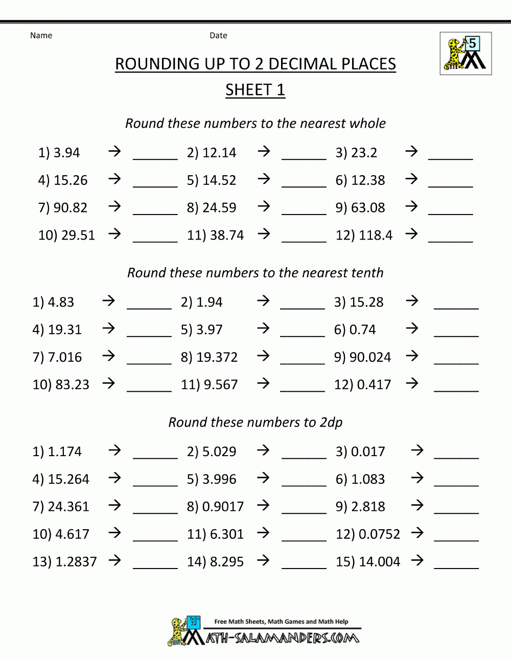Rounding Decimal Places Numbers To 2Dp Estimating Sums Worksheets - Rounding Crossword Puzzle Printable