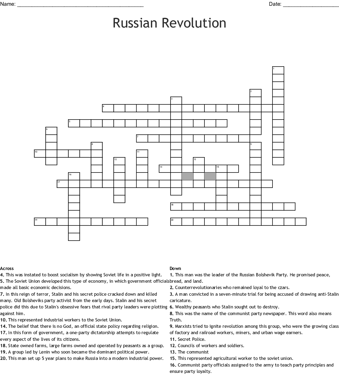 Russian Revolution Crossword - Wordmint - Printable Russian Crosswords