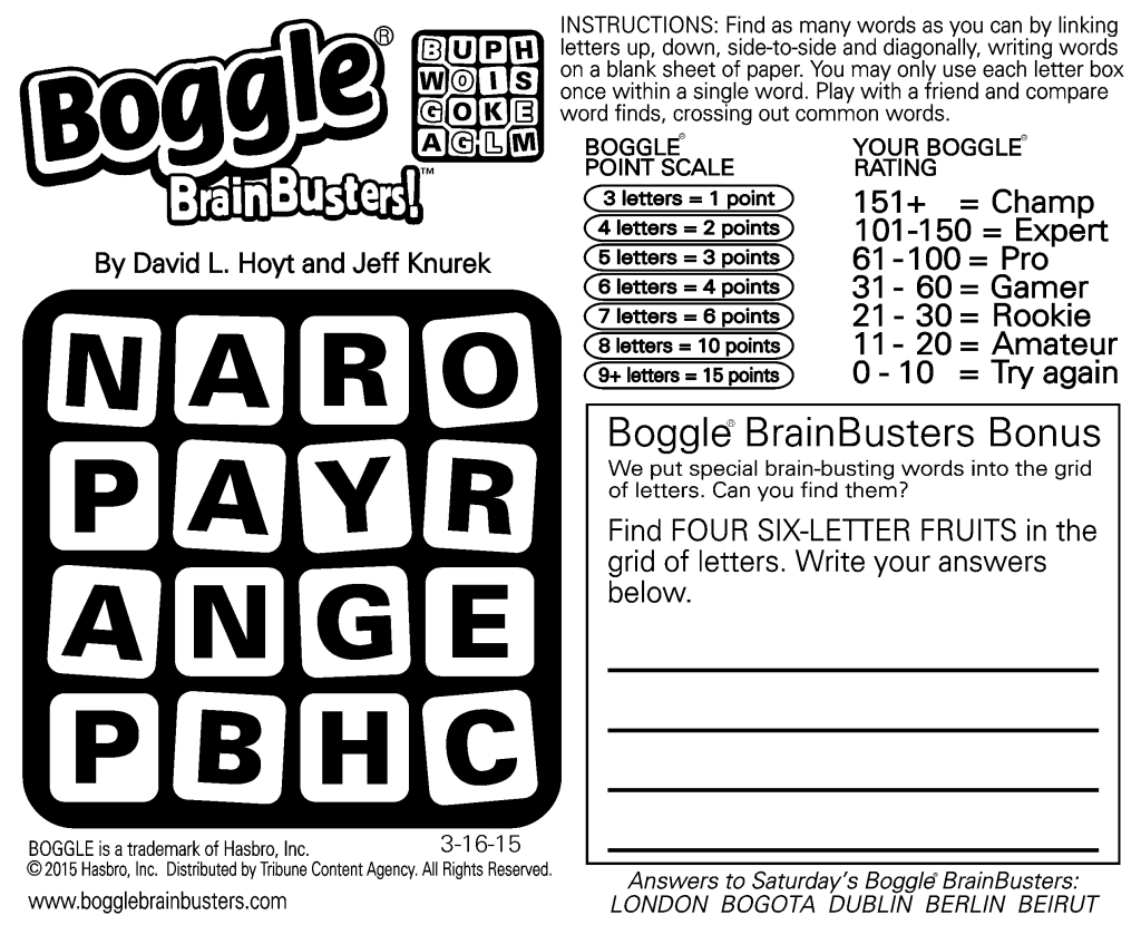 Sample Of Daily Square Boggle Brainbusters | Tribune Content Agency - Printable Boggle Puzzle