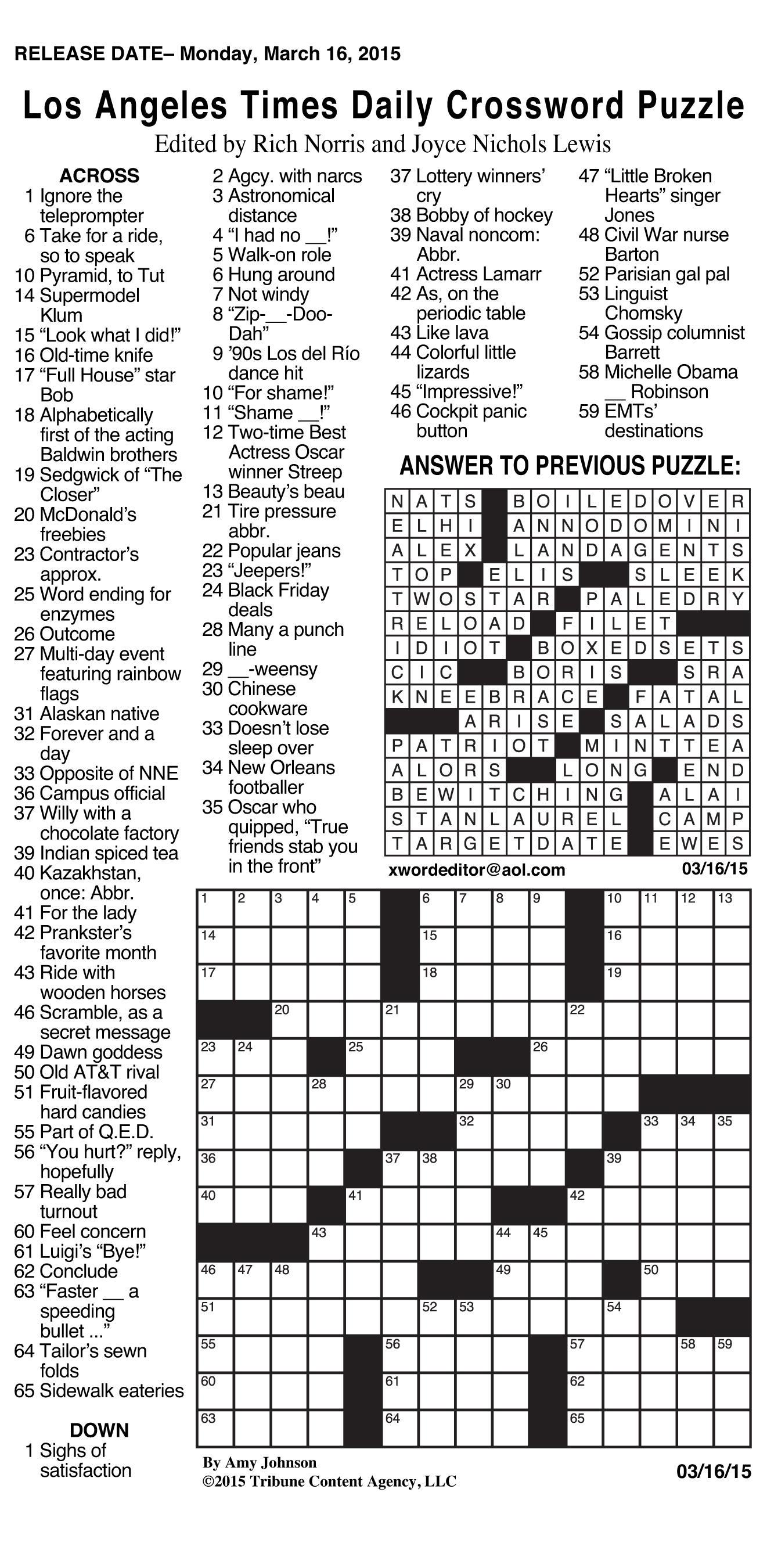 Sample Of Los Angeles Times Daily Crossword Puzzle | Tribune Content - Printable Crossword Puzzles Celebrities