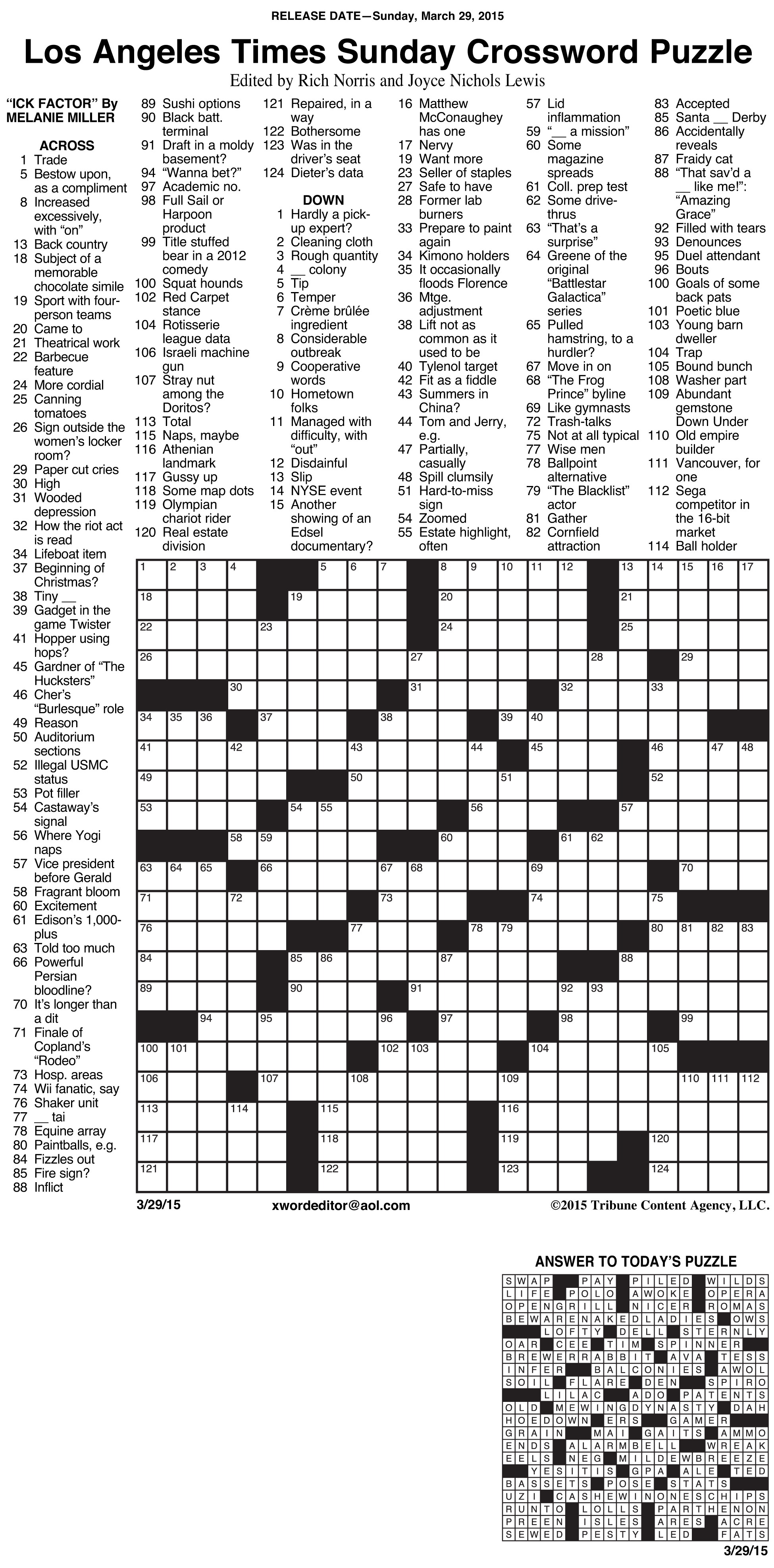 Sample Of Los Angeles Times Sunday Crossword Puzzle | Tribune - Chicago Sun Times Crossword Puzzle Printable