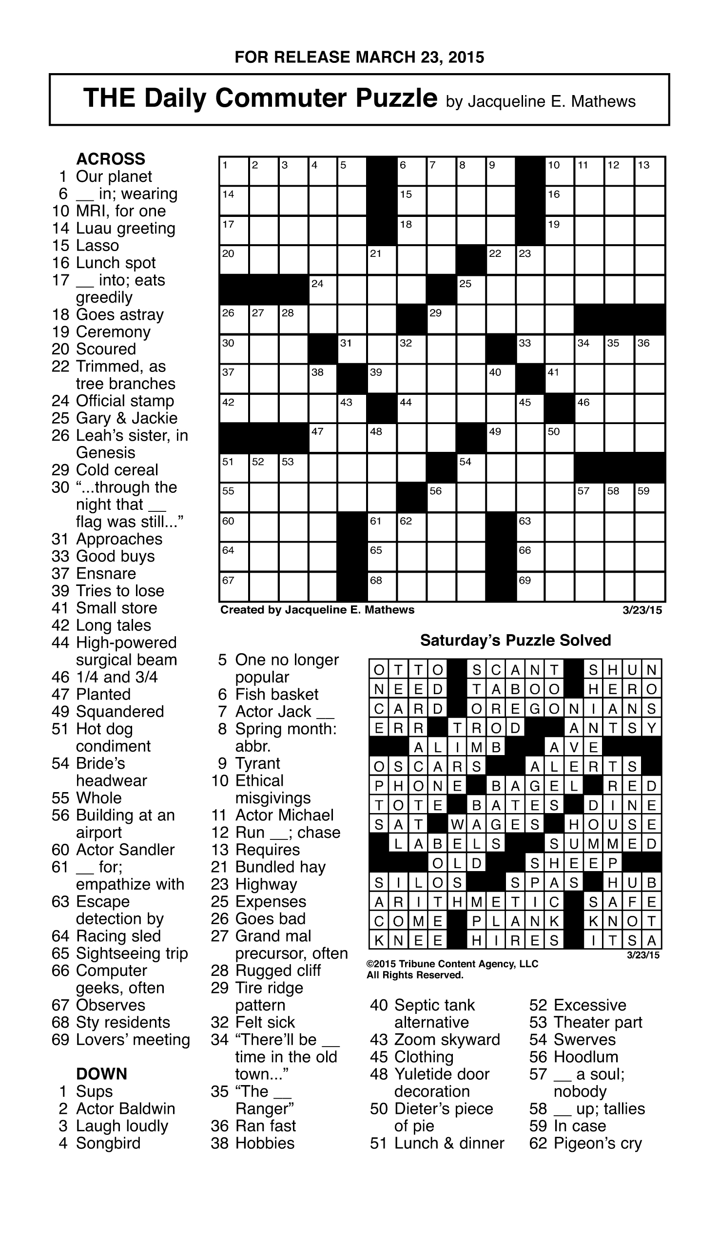Sample Of The Daily Commuter Puzzle | Tribune Content Agency (March - Printable Crossword Puzzles By Jacqueline Mathews