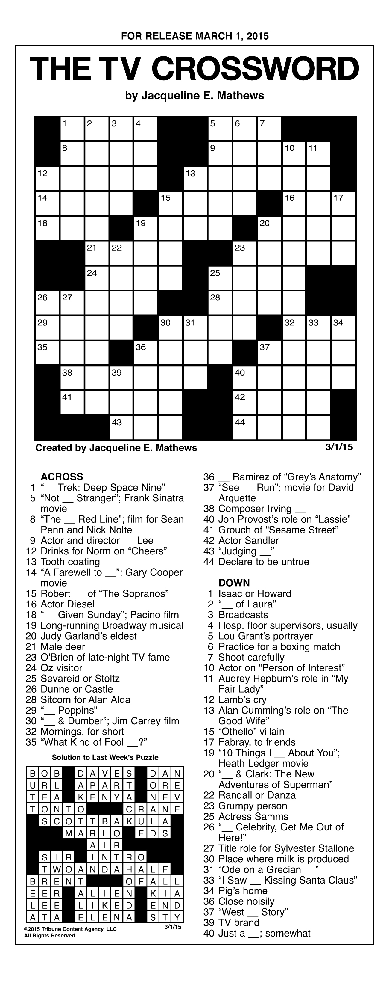 Sample Of The Tv Crossword | Tribune Content Agency (March 1, 2015) - Printable Crossword Puzzles By Jacqueline Mathews