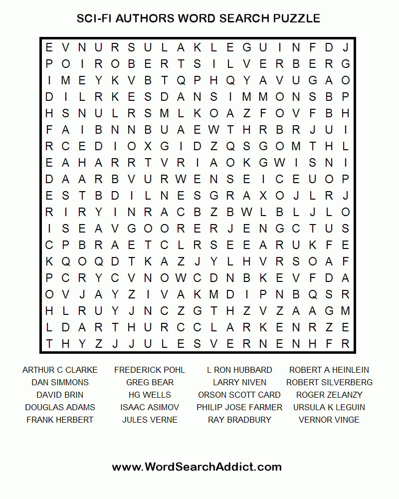 Science Fiction Authors Printable Word Search Puzzle - Printable Science Puzzle