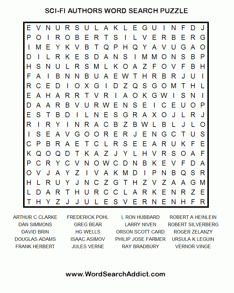 Science Fiction Authors Printable Word Search Puzzle - Printable Science Puzzles