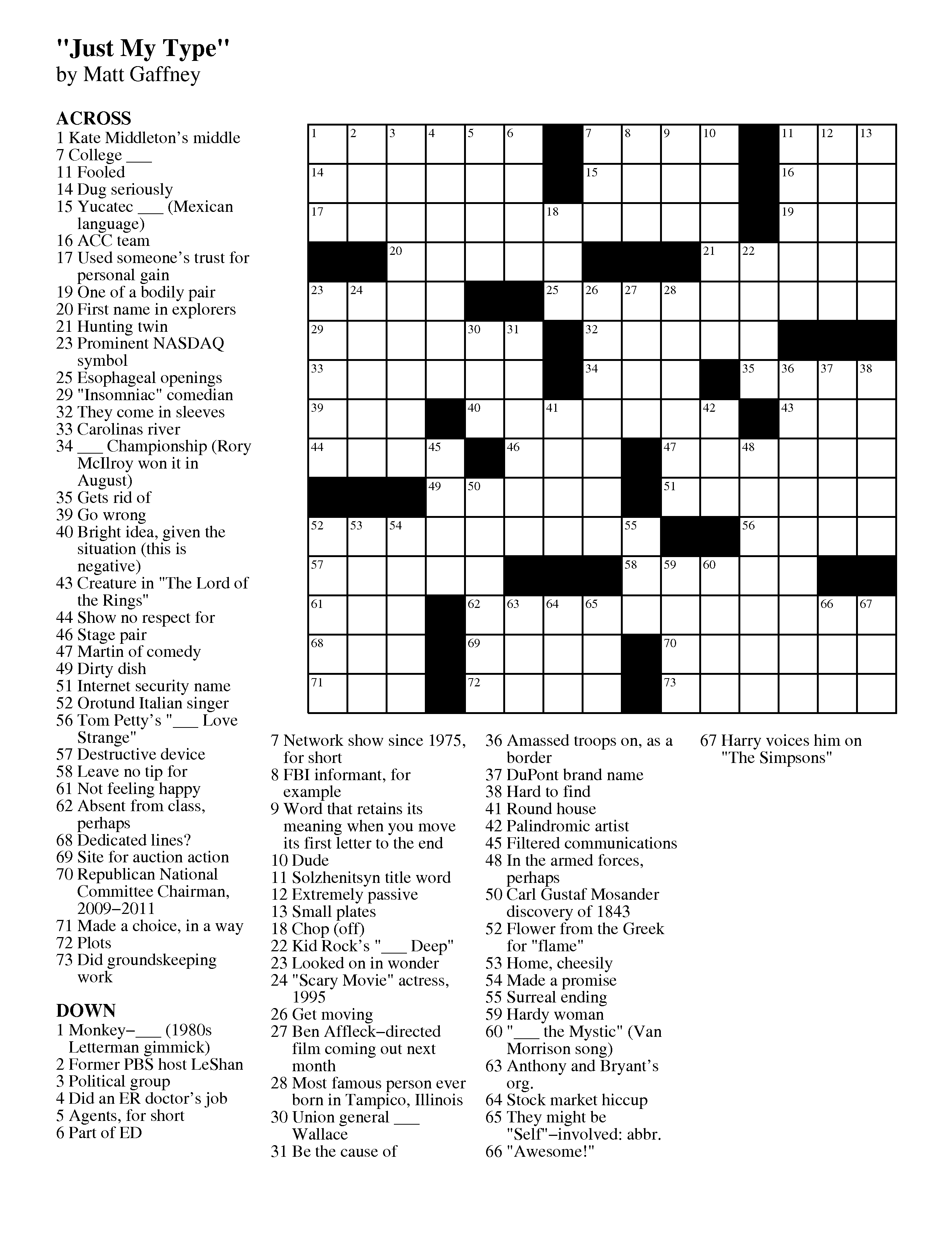 September | 2012 | Matt Gaffney&amp;#039;s Weekly Crossword Contest - Free Printable Daily Crossword Puzzles October 2016