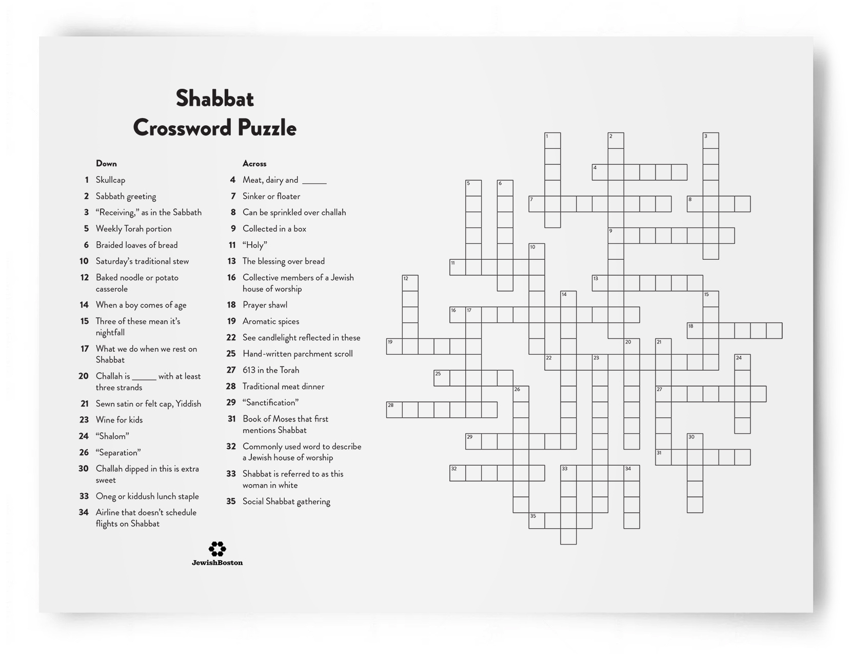 Shabbat Crossword Puzzle | Jewishboston - Printable Crossword Puzzle Boston Globe