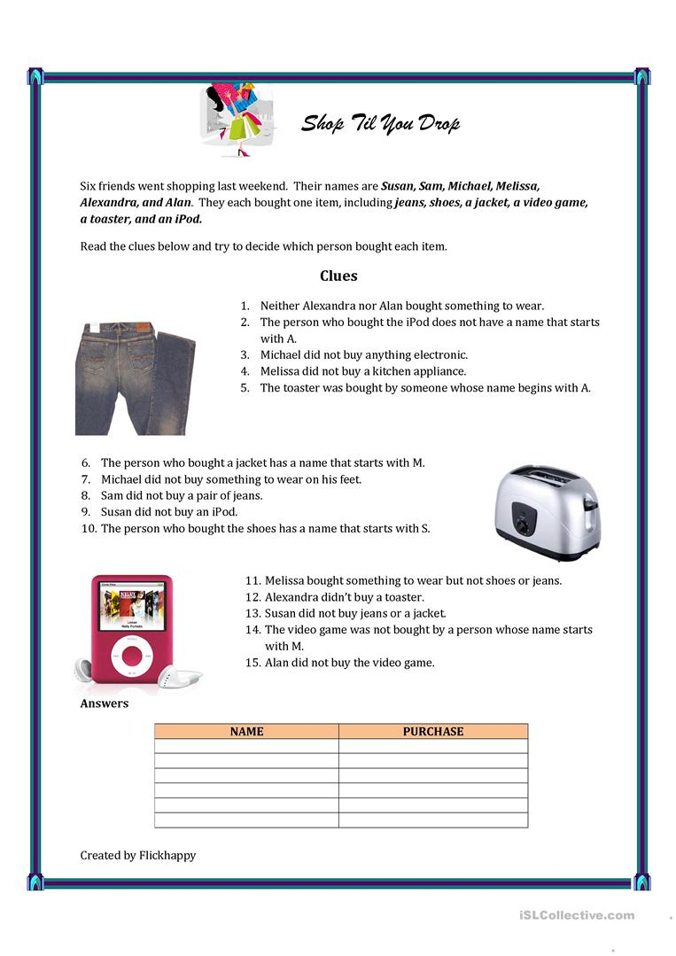 Shop Till You Drop - Logic Puzzle Worksheet - Free Esl Printable - Printable Drop Line Puzzles