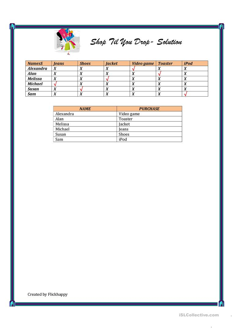 Shop Till You Drop - Logic Puzzle Worksheet - Free Esl Printable - Printable Drop Line Puzzles